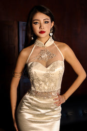 Moonlit Pearl 3-Piece Co-ord Qipao in Soft Gold