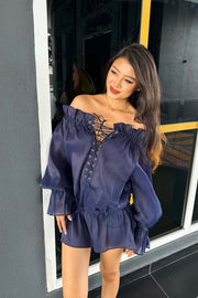 Carla Chiffon Off Shoulder Dress in Navy - FREYJA