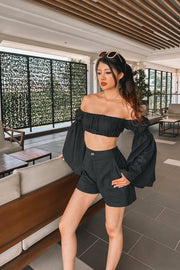 Gynalle Balloon Sleeve Shorts Co - ord Set in Black - FREYJA