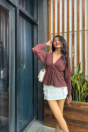 Kissh Pleated Chiffon Top in Brown - FREYJA