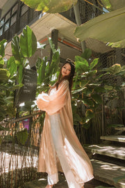 Elaiqe Balloon Sleeved Longline Cardigan in Gold - FREYJA