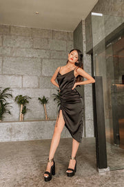 Iantes Asymmetrical Ruched Satin Dress in Black - FREYJA