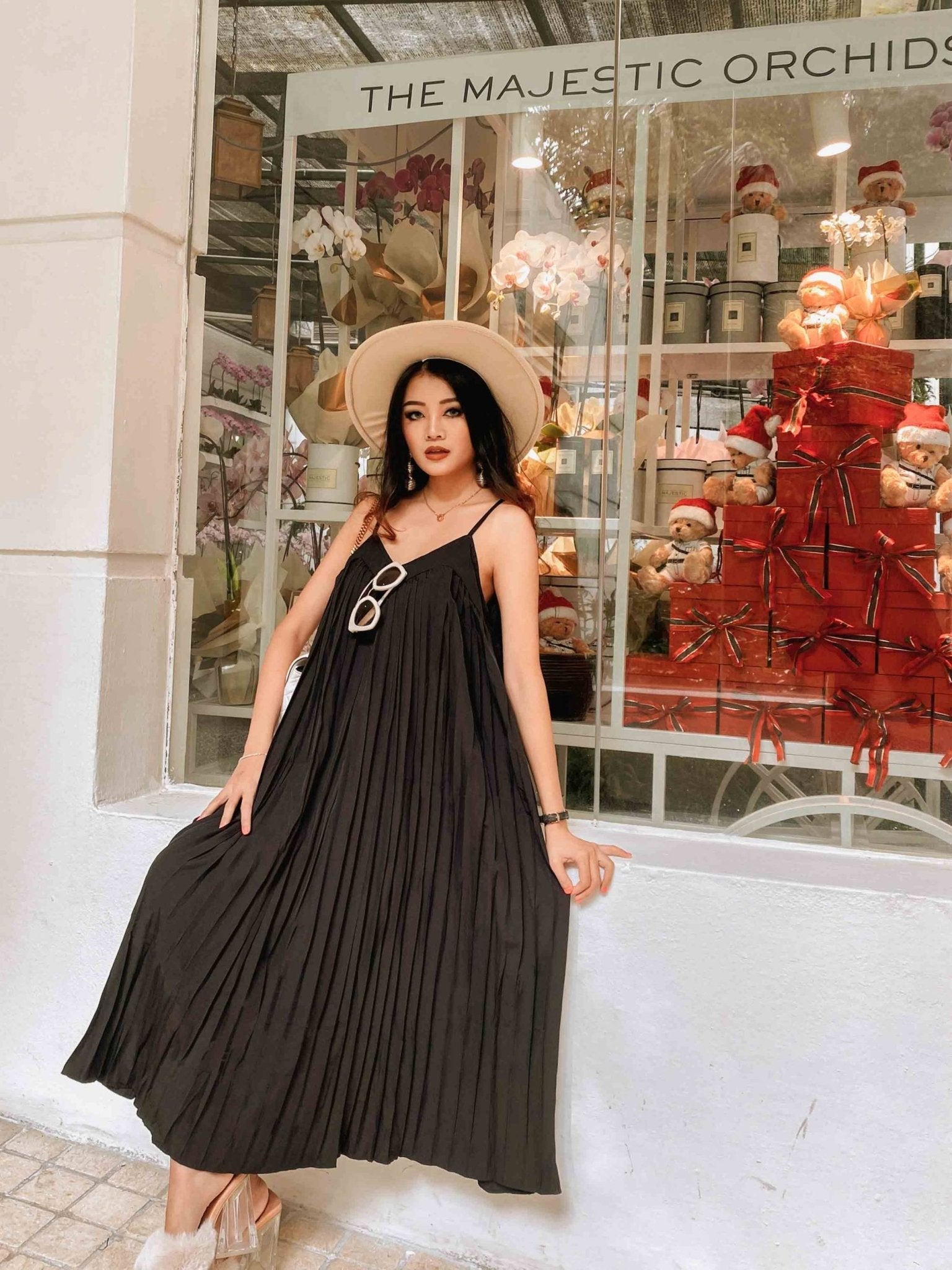 Laguna Pleated Midi Dress in Black FREYJA Laguna Pleated Midi Dress in Black FREYJA
