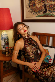 Imperial Verde Maxi Qipao in Forest Tapestry