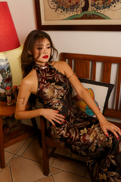 Imperial Verde Maxi Qipao in Forest Tapestry