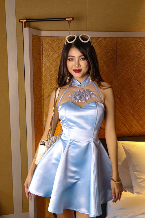 Moonbound Reverie Flared Qipao in Cornflower
