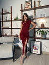 Aurelia Ruched Maxi Qipao in Maroon