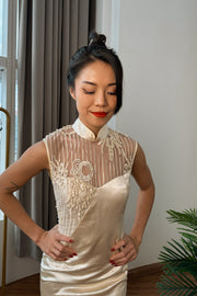 Dnege Handsewn Pearl Qipao in Light Champagne