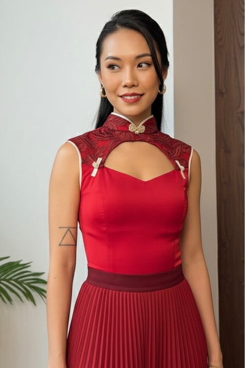 Icen Cutout Embroidery Qipao Top in Red