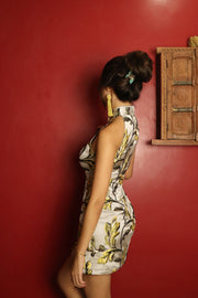 Soleil D’Or Asymmetrical Qipao in Silver Marigold