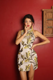 Soleil D’Or Asymmetrical Qipao in Silver Marigold