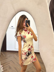 Kiyorr Sleeved Printed Qipao in Cream