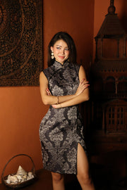 Celadon Brocade Midi Qipao in Midnight Charcoal