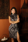 Celadon Brocade Midi Qipao in Midnight Charcoal