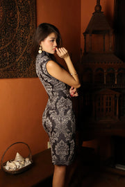 Celadon Brocade Midi Qipao in Midnight Charcoal