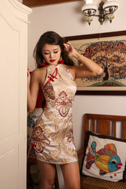 Château Rouge Mini Qipao in Ivory Garnet (Size XXS, XS, S, M on BACKORDER)