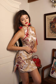 Château Rouge Mini Qipao in Ivory Garnet (Size XXS, XS, S, M on BACKORDER)