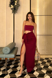 Sienna Ruched Maxi Skirt in Maroon