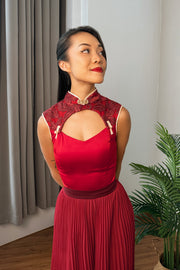 Icen Cutout Embroidery Qipao Top in Red