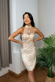 Aqale Sequin Satin Qipao in Champagne
