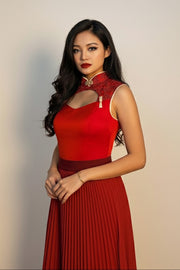 Yicen Cutout Crochet Qipao Top in Red
