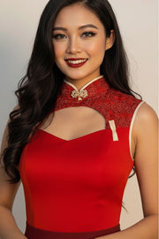 Yicen Cutout Crochet Qipao Top in Red