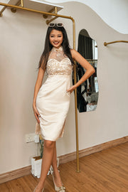 Aqale Sequin Satin Qipao in Champagne