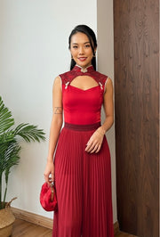 Alika Pleated Chiffon Pants in Red