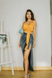 Benz Draped Maxi Skirt in Stone Blue