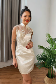 Dnege Handsewn Pearl Qipao in Light Champagne