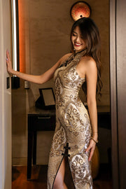 Heirloom Metallic Maxi Qipao in Woven Gold