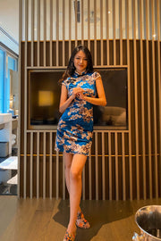 Reisha Floral Velvet Qipao in Blue