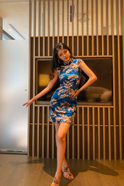 Reisha Floral Velvet Qipao in Blue