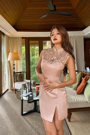 Velour Hand Sewn Beading Qipao in Honey Blush