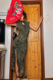 Verdant Vintage Qipao Midi Dress