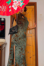 Verdant Vintage Qipao Midi Dress