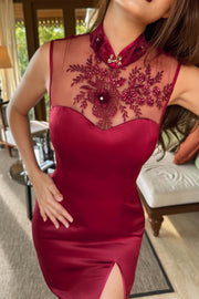 Lunaire Hand Sewn Beading Qipao in Red