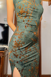 Verdant Vintage Qipao Midi Dress