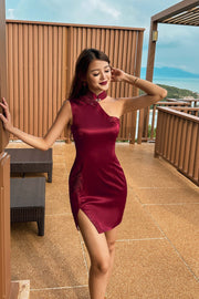 Halifax Asymmetrical Embroidered Qipao in Garnet Red (Type A)