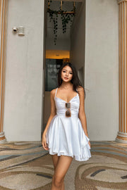 Icing Satin Flared Dress in White (BACKORDER)