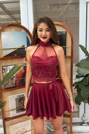 Le Fleur Embroidered Co-ord Qipao Set in Burgundy Red