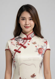 Kiyorr Sleeved Printed Qipao in Cream