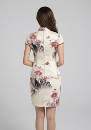 Kiyorr Sleeved Printed Qipao in Cream