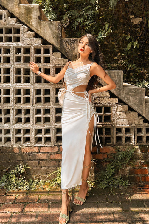 Jadea Asymmetrical Cutout Maxi Dress in White (BACKORDER)
