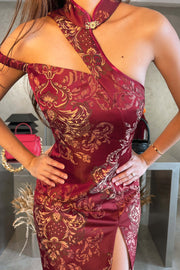 Ryui Asymmetrical Baroque Qipao in Wine Red