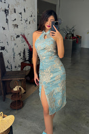 Errina Embroidered Midi Qipao in Blue