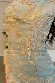 Errina Embroidered Midi Qipao in Blue