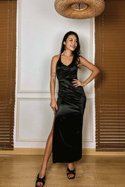 Leav Strappy Satin Maxi Dress in Black