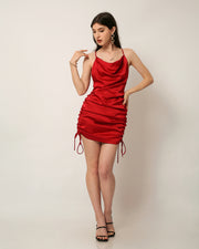 Lorve Ruched Satin Dress in Red