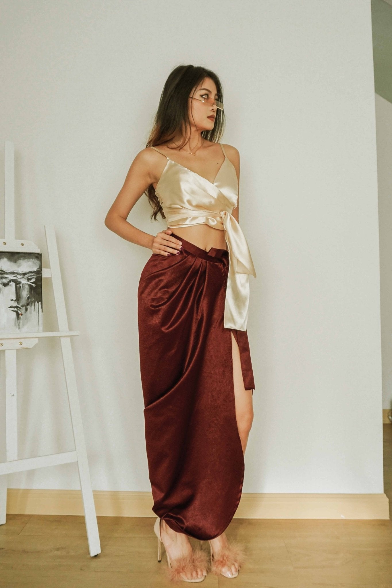 Benz Draped Maxi Skirt in Velvet Maroon – FREYJA1